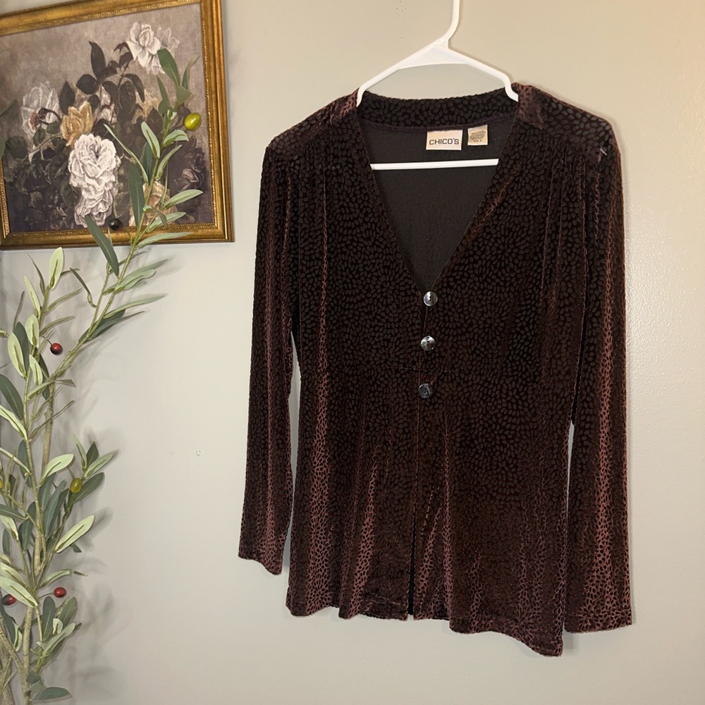 Chico’s Burnout Velvet Cardigan Brown Plum Textured Velvet Boho Peplum Top - Picture 2 of 9